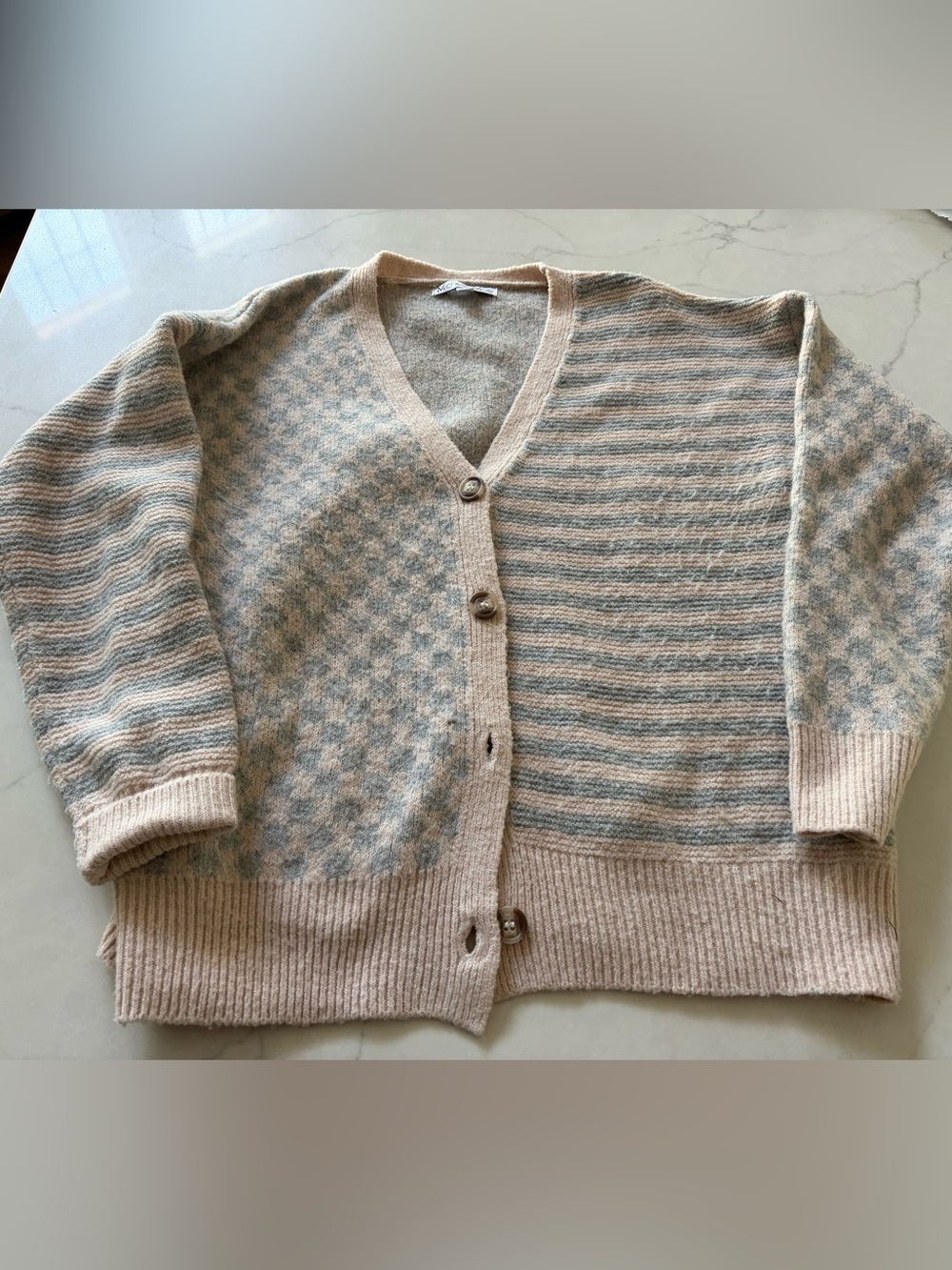 Michelle Mae Beige and Light Blue Patterned V-Neck Cardigan
